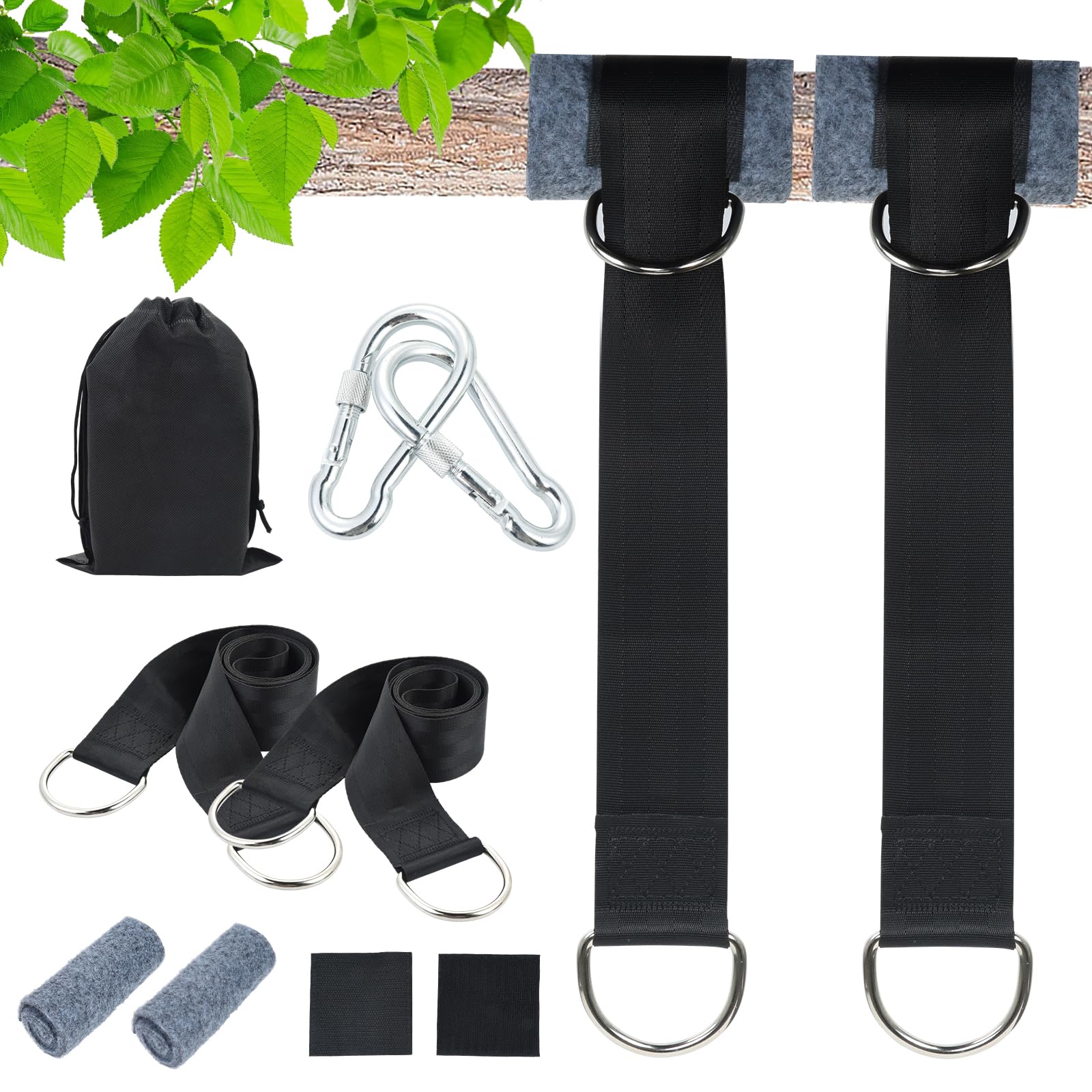 OTraki Tree Swing Hanging Straps 1.5m, 2 Set of Heavy Duty Holds 500kg Hammock Straps Polyester Swing Hanging Rope with 2 Carabiner Hooks &Tree Protector Mats for Tree Hammock Camping Backpacking