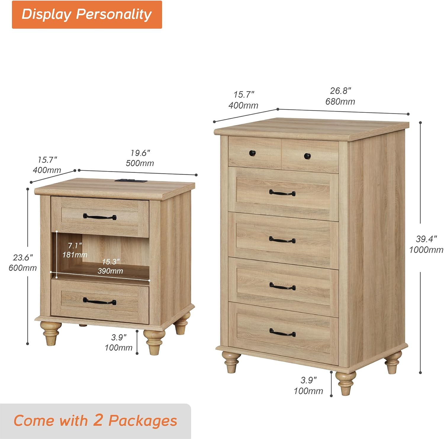 WAMPAT 2 Piece Dresser and Nightstand Sets, Wood Dresser & Chest of Drawers with 5 Drawers & Metal Handle, Farmhouse End Table Night Stand with Charging Station, 2 Piece Bedroom Set, Oak