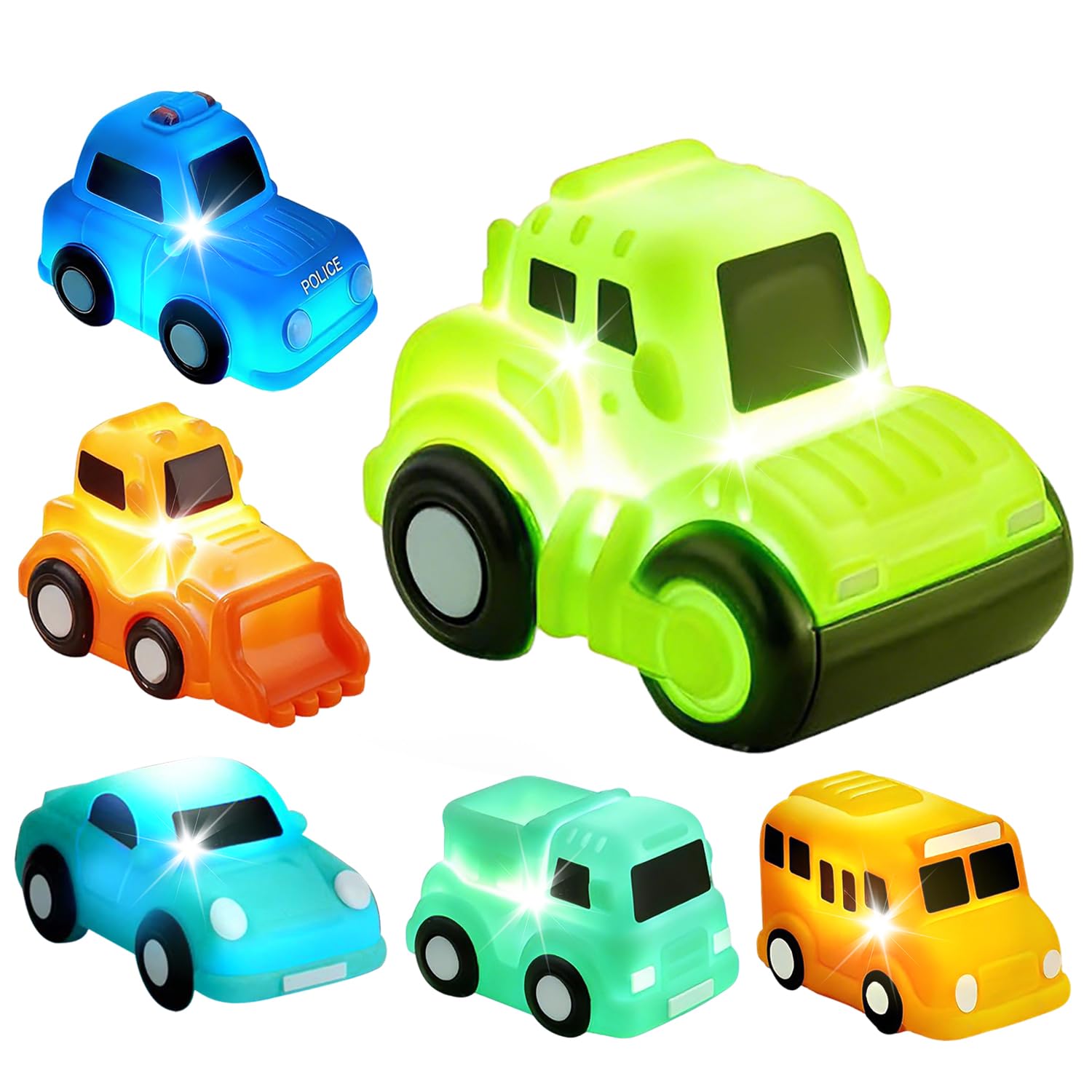 Coche de Juguetes Bañera para Bebés, 6 Piezas Coche de Juegutes de Baño con Luz, Coche de Juguetes de Ducha, Juguetes de baño iluminados, Juguete Bañera sin Agujeros, Regalos para niños