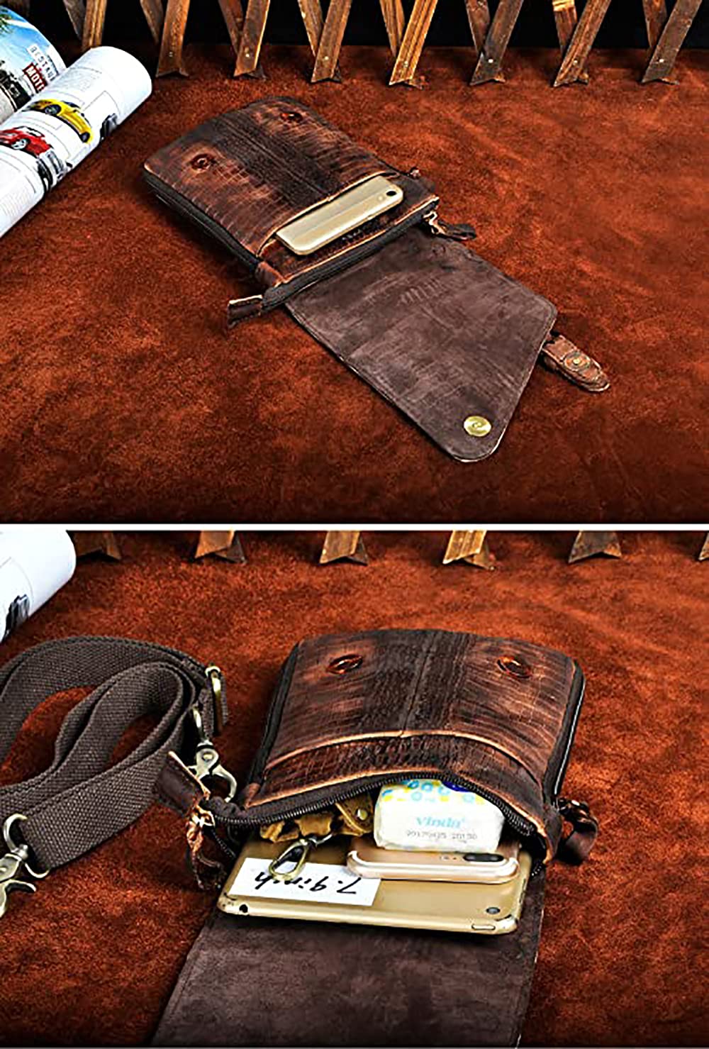 Le'aokuu Herren Verrückt Pferd Leder Tasche Freizeit Universität Schultasche Reisetasche Schultertasche Messenger Bag 611 (611-1 Krokodil Dunkebraun-Größ)