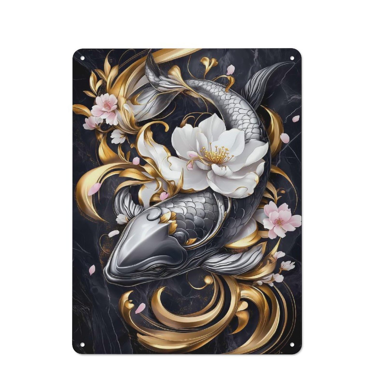 Junmoney Style-10 Retro Koi Fish With Cherry Blossoms Animal Metal Gift Sign 40X30cm, Home Wall Decor For Flat, Dorm Room, Lounge Or Cafe