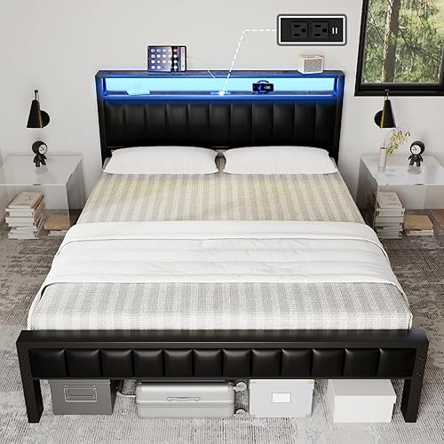 Base de cama de plataforma de tamaño matrimonial, marco de cama LED con piel sintética y estación de carga, cabecera de almacenamiento de 2 niveles,