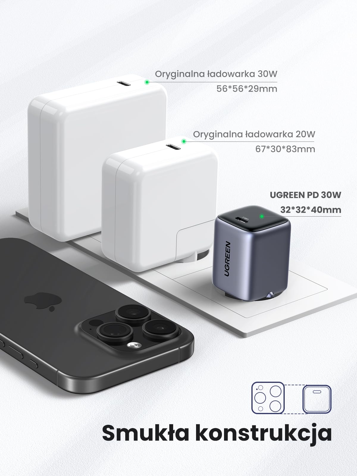 UGREEN Nexode 30W Ładowarka USB C Zasilacz USB C GaN II Tech Szybka ładowarka Kompatybilna z iPhone 16 Pro Max, 15, 14, 13, 12, Galaxy S24 Ultra, S23, iPad, Tab A8, Pixel, HomePod (czarny)
