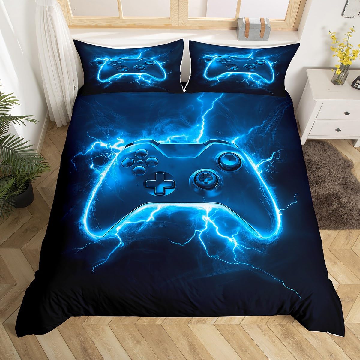 Manfei Juego de funda de edredón azul Super King, juego de ropa de cama moderno de 3 piezas, funda de edredón con diseño de mando de videojuegos, decoración de habitación de niños y adolescentes