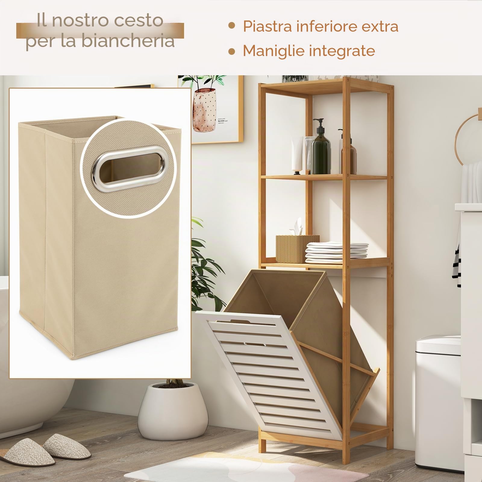 LIFEZEAL Armadio da Terra, Scaffale da Bagno a 3 livelli, Cesto Portabiancheria in Bambù, Mobile Biancheria Sporca, Porta Biancheria Salvaspazio con Scomparto per Laundry,36x33x130cm