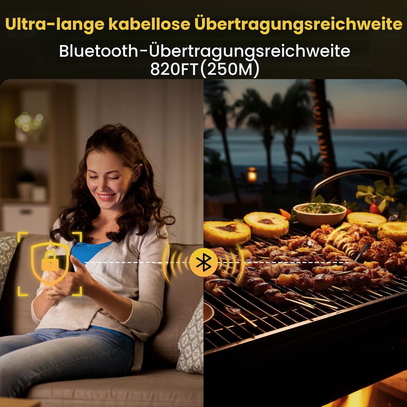 Fleischthermometer Kabellos Doppel Sonde | Bluetooth Grillthermometer, IP67 Wasserdicht, 250m Reichweite, Geschirrspülmaschinenfest, Kerntemperaturmesser für Backofen, Grill, Smoker, BBQ & Air Fryer