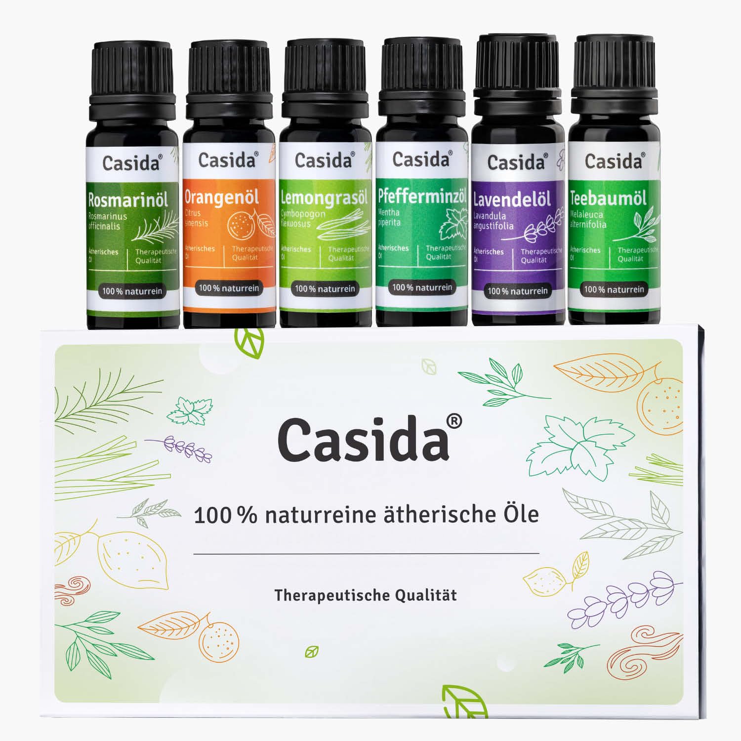Casida Ätherische Öle Set – 100% naturreine, ätherische Öle - für Aromatherapie Aroma Diffuser, Luftbefeuchter, Hautpflege, Massage - 6x 10ml