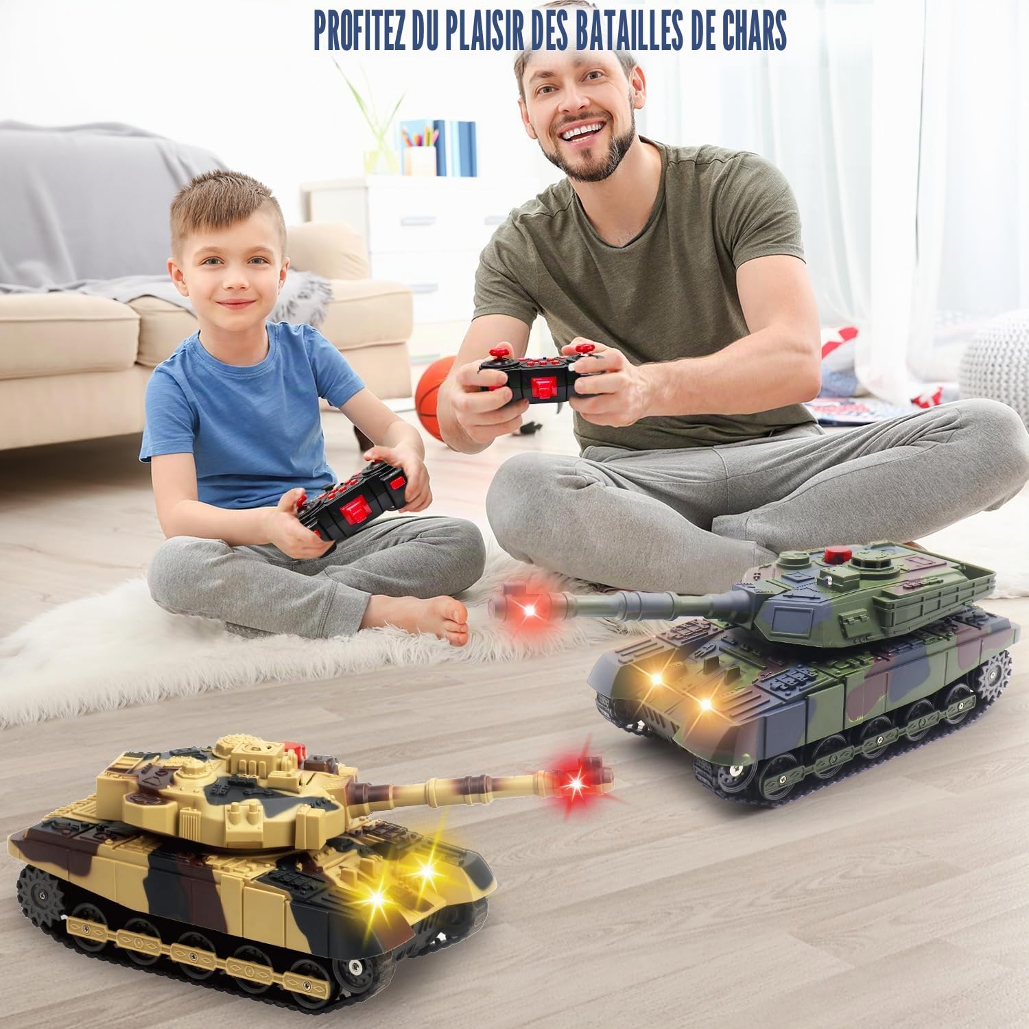 Char RC télécommandé avec fonction de tir infrarouge - 2,4 GHz - Tank de combat militaire - Jouet avec tour rotative à 360° - Lumière sonore - Modèle de véhicule militaire - Cadeau pour enfants