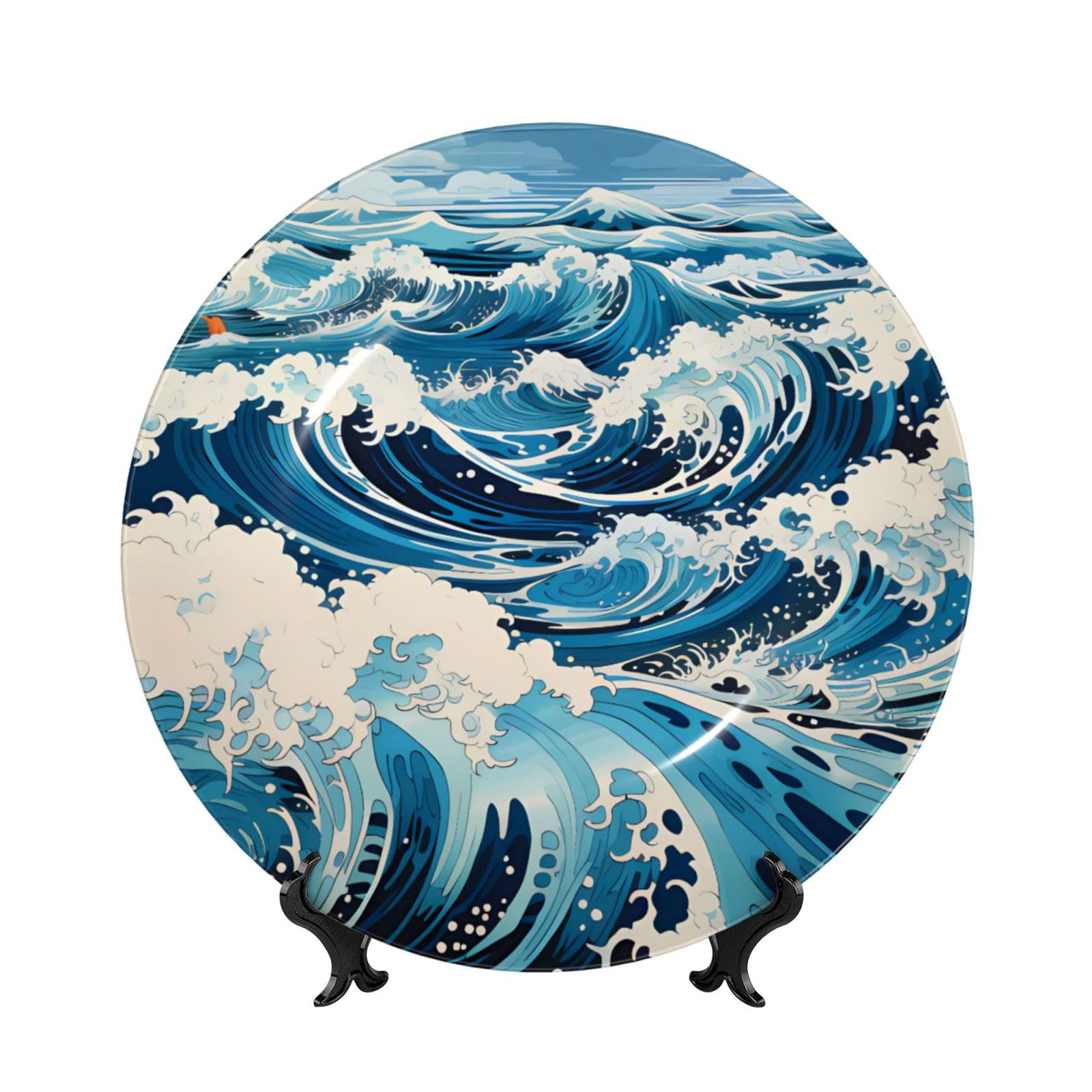 SXZVVBN Ukiyo-e style waves Bone China Decorative Plate Art with Stand Removable Adhesive Hanging for Home Office 7in