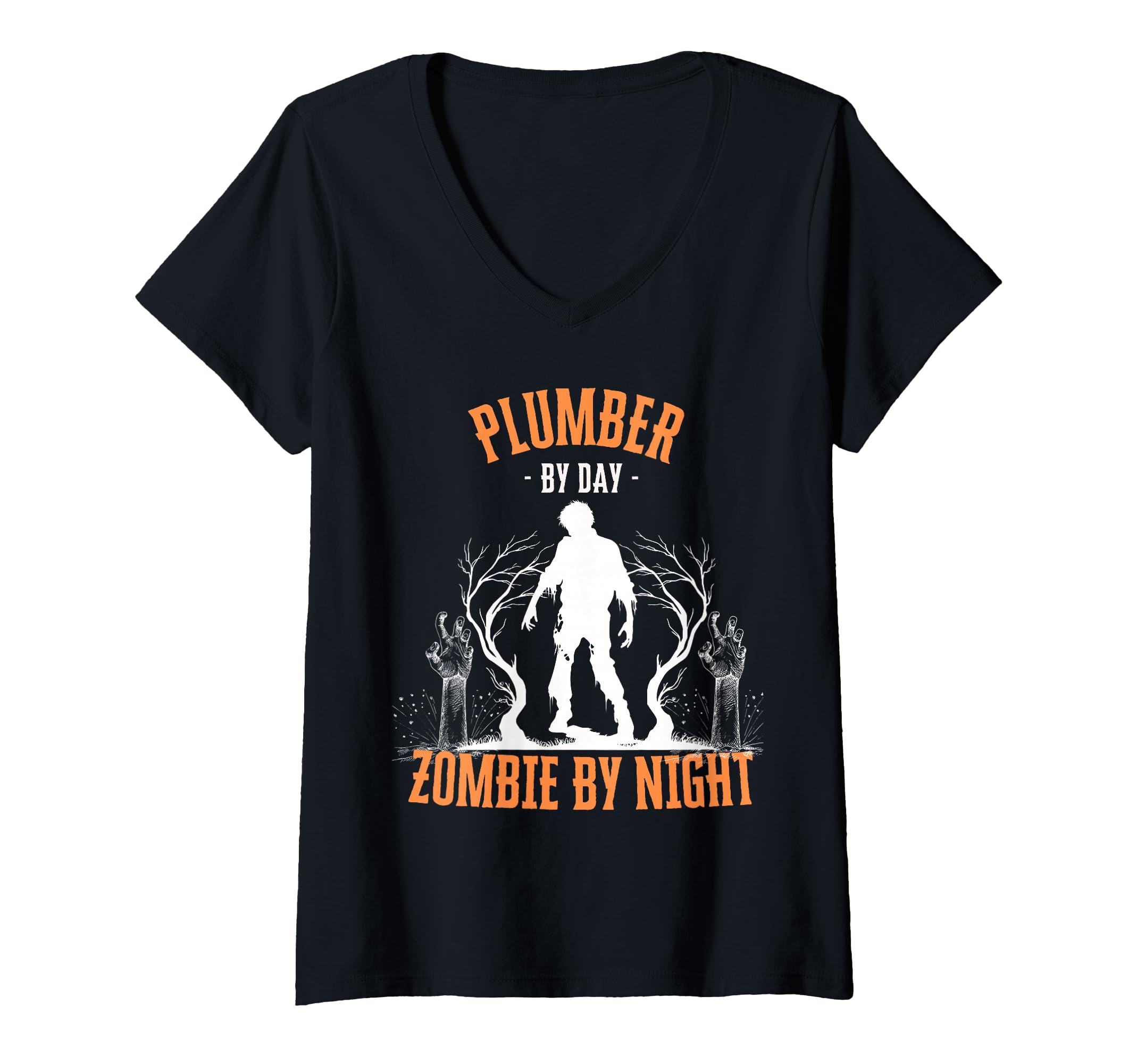 Mujer Fontanero de día Zombie por la Noche Divertido Halloween Espeluznante Aterrador Camiseta Cuello V