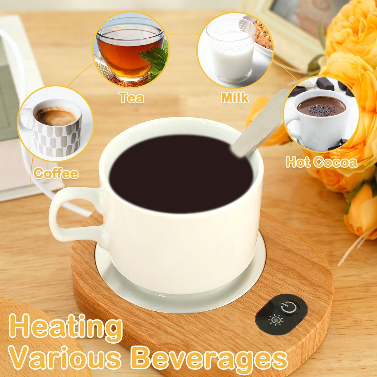 Kaffeetassenwärmer Elektrisch | Schreibtisch Tassenwärmer mit Konstanter Temperatur 55–65 °C | Wiederaufladbar, USB betrieben | Holzmaserung Design für Kaffee, Tee, Heiße Getränke Zuhause & Büro