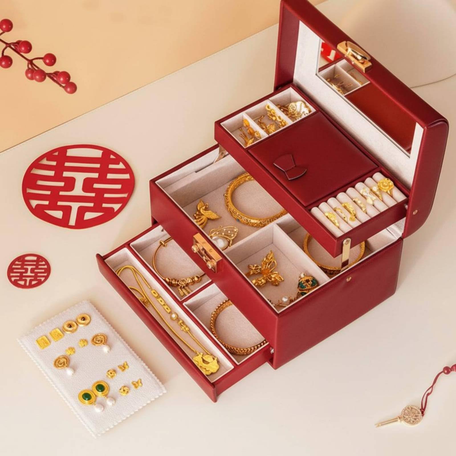 Schmuckkoffer Schmuckkästchen Schmuckbox Schmuckschatulle mit Herzschloss aus PU Und Weichem Samtfutter Mehrstöckig mit Fächern Ringen Und Ketten