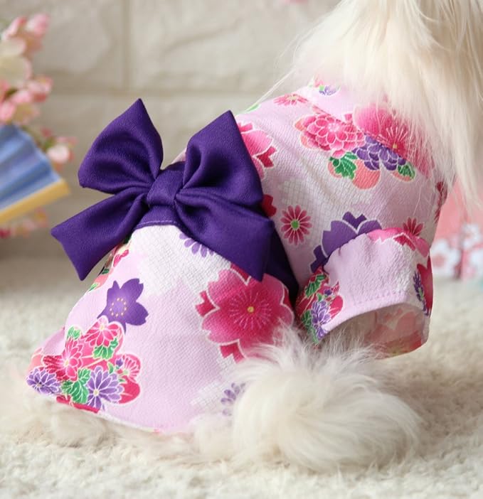 Kimono Japonés Floral para Perro Pequeño con Moño Blanco Talla XS miniatura 3