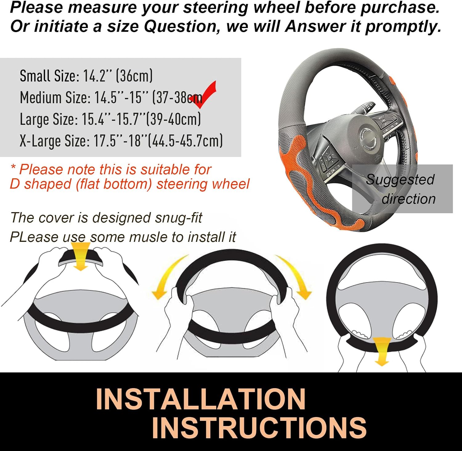 PINCTROT D Shaped Comfy Grip Steering Wheel Cover, Anti-Slip Design, Flat Bottom 14.5-15 Inch(Silicone Orange)