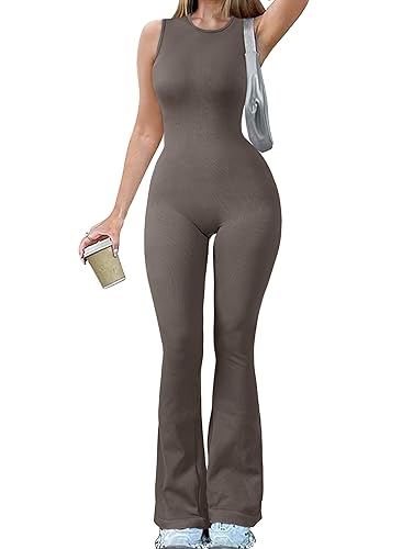 OQQ Women Yoga Jumpsuits Ribbed Crew Neck Sleeveless Bell Bottoms Flare Jumpsuits - Small - Tea Leaf