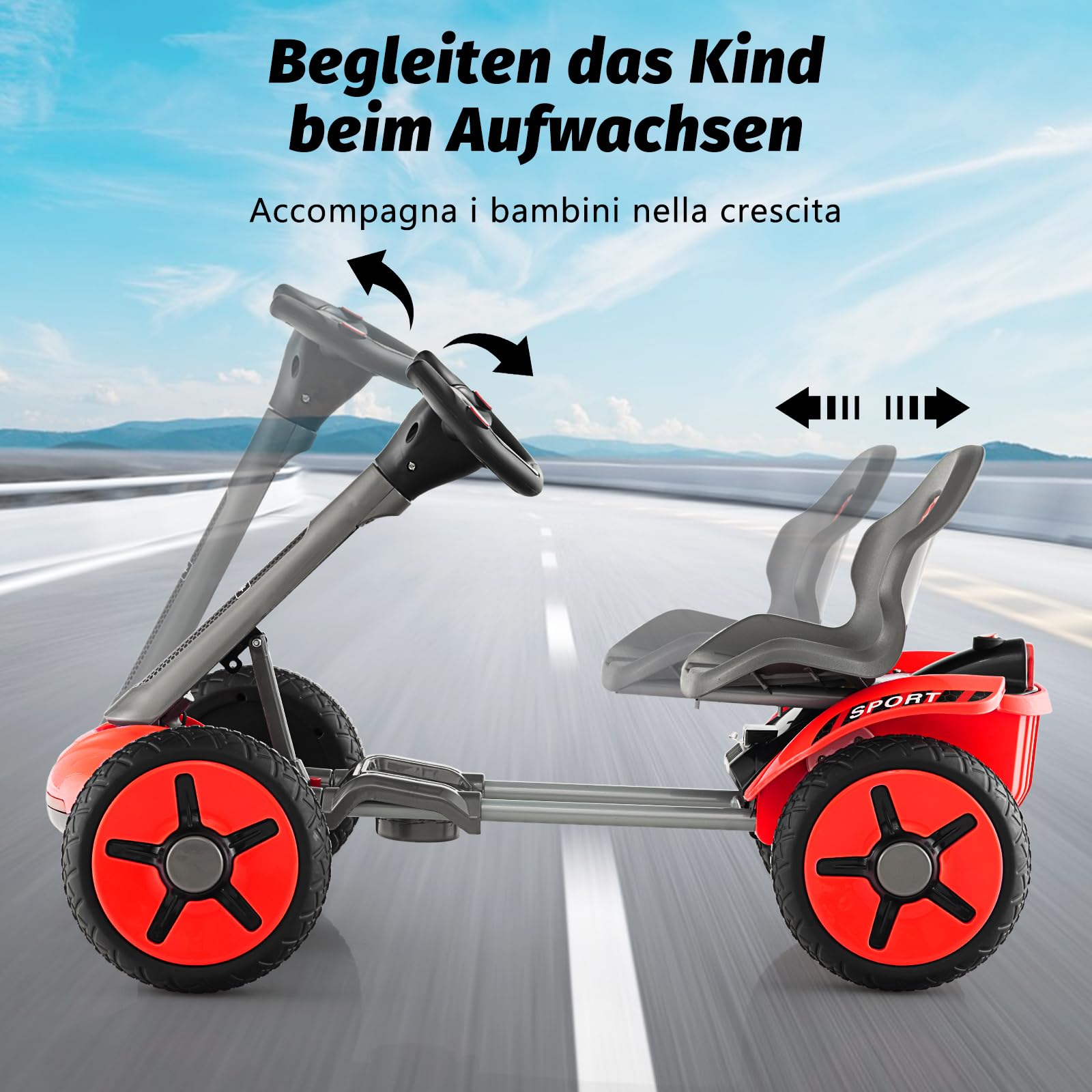 COSTWAY 12V Go Kart Elettrico per Bambini, Go Kart Pieghevole con Portabicchiere, Volante e Sedile Regolabili e Funziona Lento Avvio, per Bambini 2-5 Anni (Rosso)