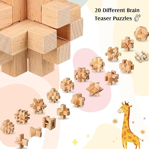 Miniatura 2 de Rompecabezas de madera para el cerebro, 20 piezas, rompecabezas pequeños de madera 3D, rompecabezas de bloques de madera, caja de lógica, bloqueo de