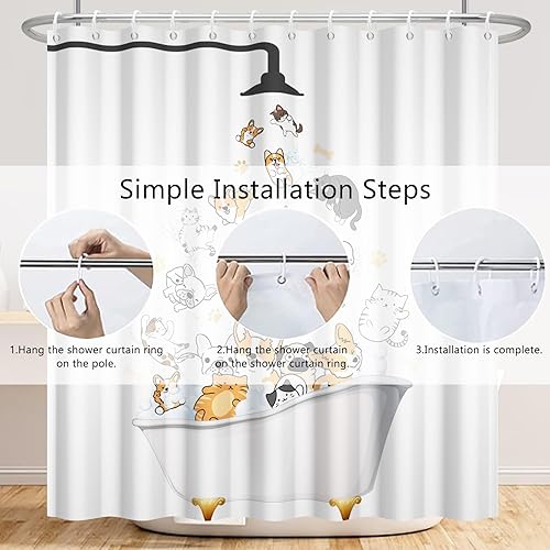 Miniatura 6 de Renaiss Cortina de ducha de 72 x 72 pulgadas para decoración de baño, diseño de animales de dibujos animados, mascotas, juego de cortina de baño