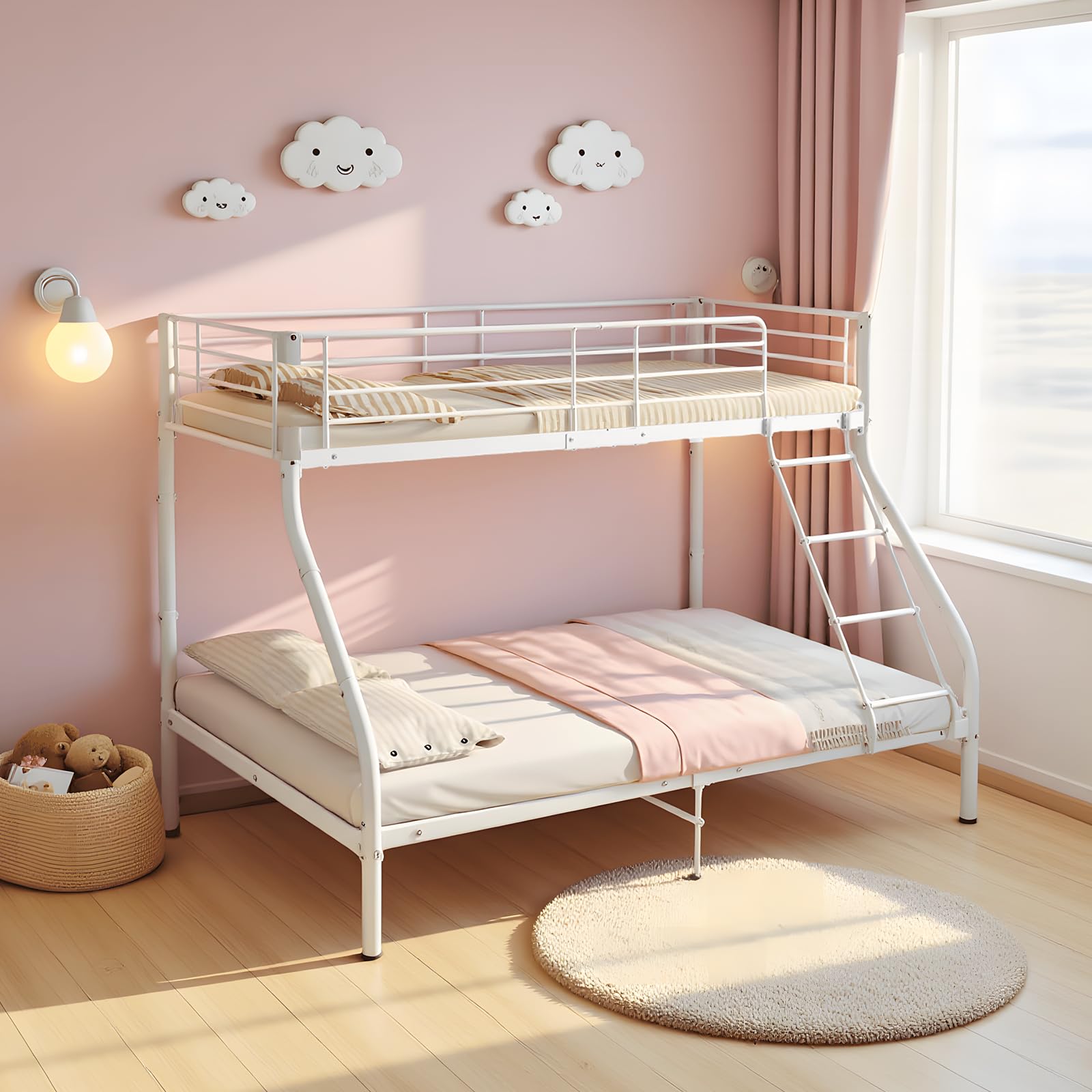 DORAFAIR Letto a castello a 3 posti in metallo 90 x 200 cm e 140 x 200 cm, letto per bambini e adulti, camera da letto casa, bianco