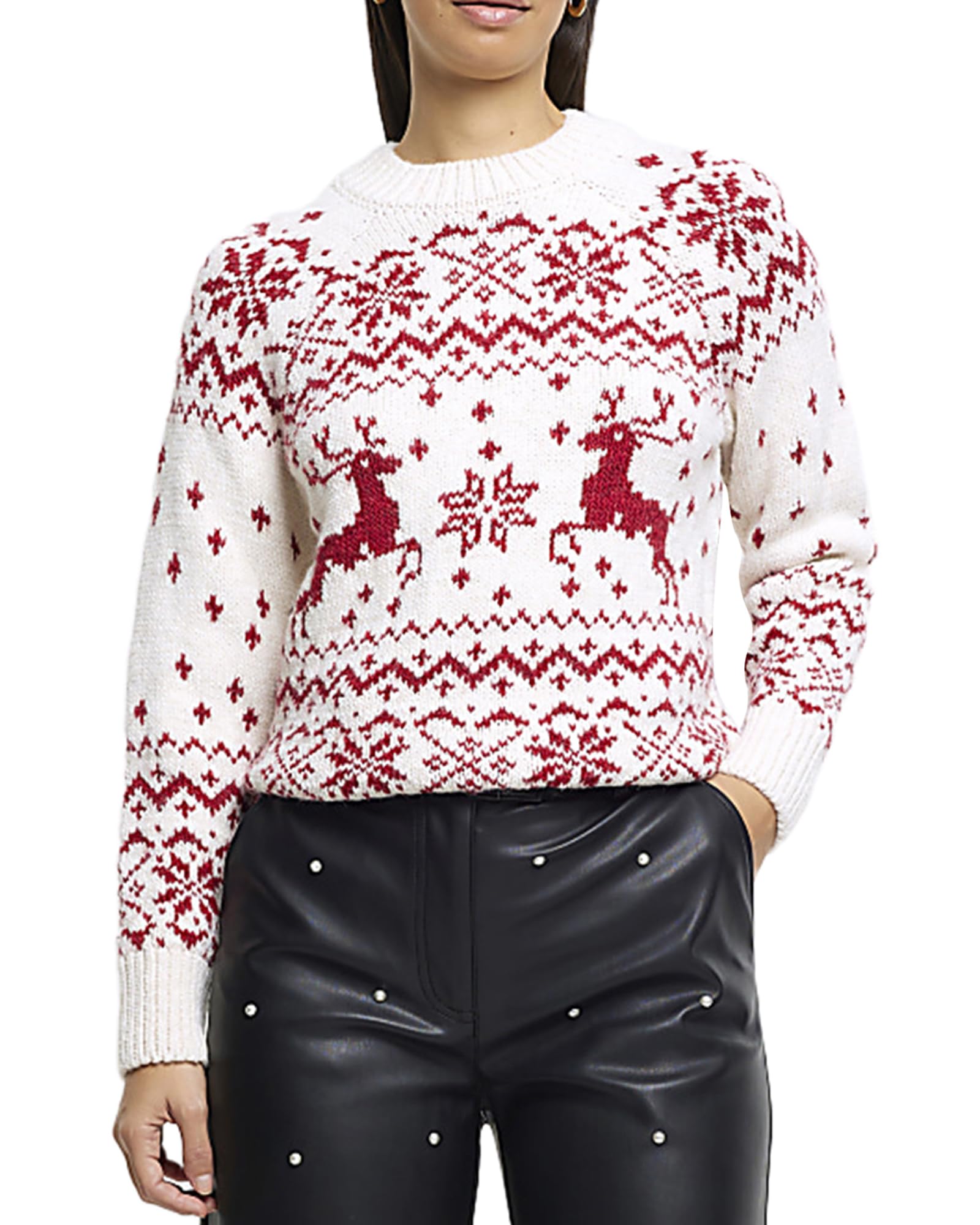 Womens Ugly Christmas Sweater Funny Christmas Reindeer Snowflake Patterns Knitted Tops Holiday Pullover Jumper