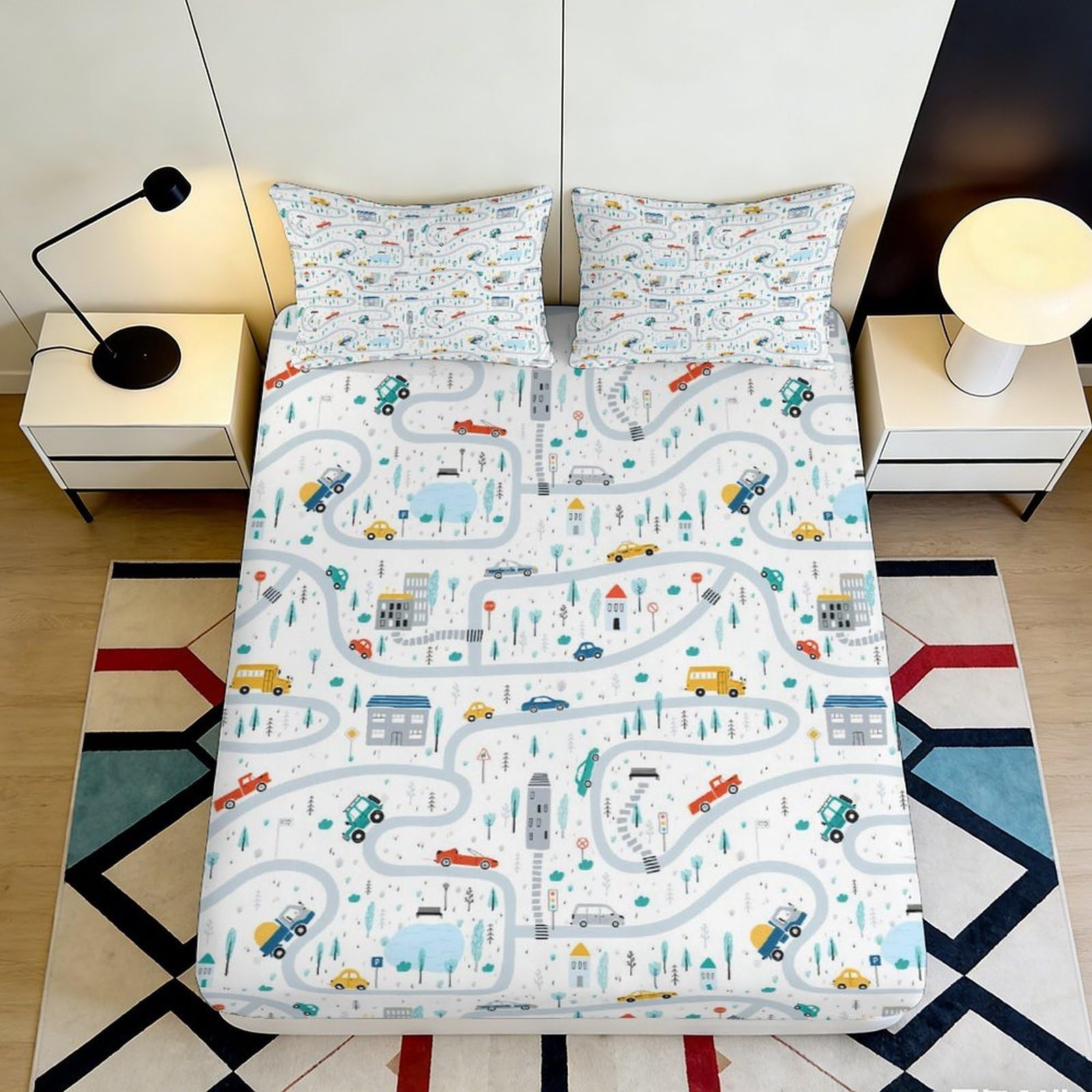 Jqzkxnhpbr Style-7 3D Printed City Traffic Fitted Sheet Microfiber Soft Breathable Cartoon Road Bed Cover For Bedroom Dorm Decor 90X200x25cm