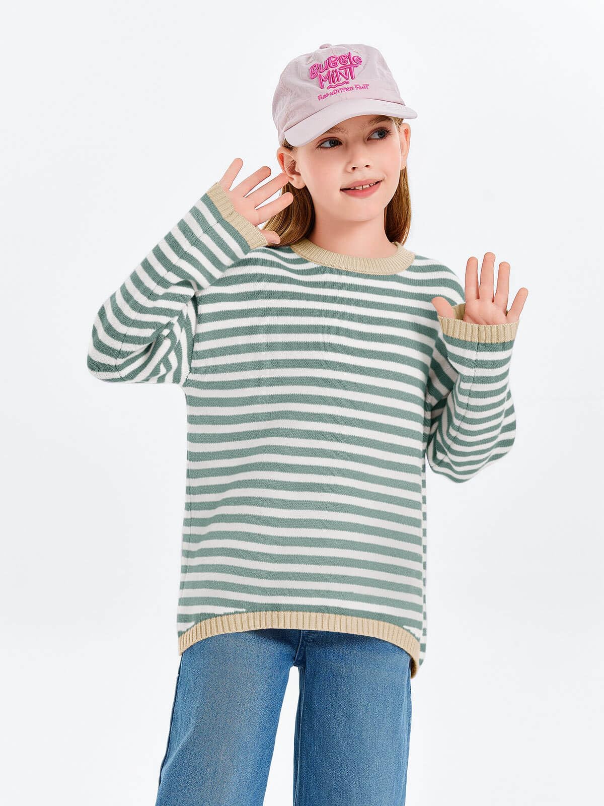 Haloumoning Mädchen Pullover Streifen Strickpullove Rundhalsausschnitt Leichter Sweater Einfarbig Langarm Knitted Winter Sweatshirt für Kinder Pulli Oberteile