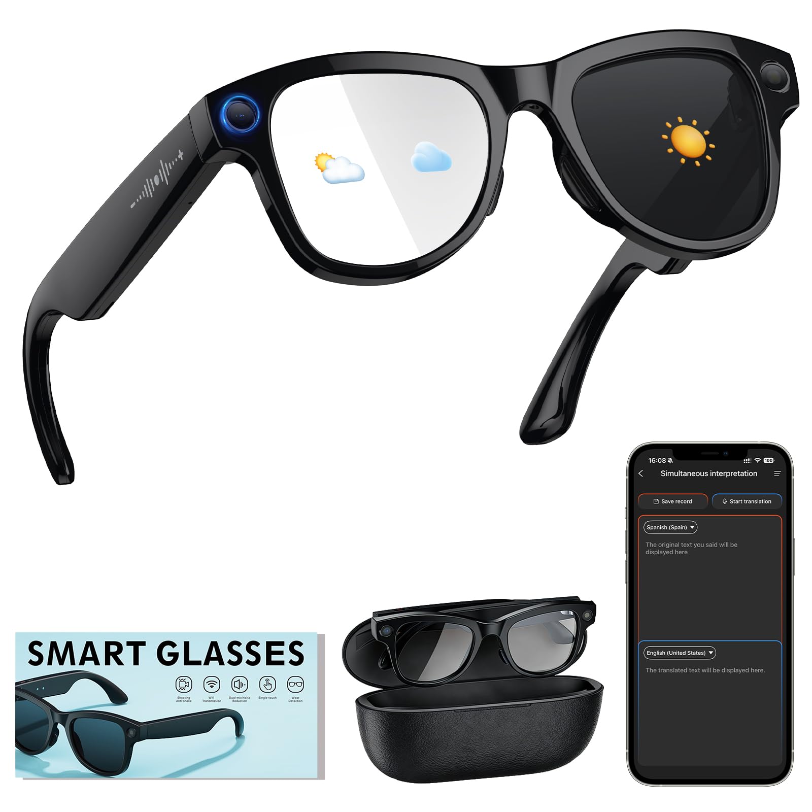 Gafas con Camara, Gafas Inteligentes con 8MP Camara de 4K Video y Audio, Traductoras de Idiomas IA Gafas Bluetooth con Estuche de Carga, Fotocromáticas, Control Táctil y Asistente de Voz