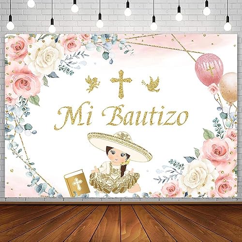 AIBIIN Telón de fondo Mi Bautizo de 10 x 7 pies para niña, bautizo, suministros de decoración para fiesta, globos florales rosados, cruz dorada,