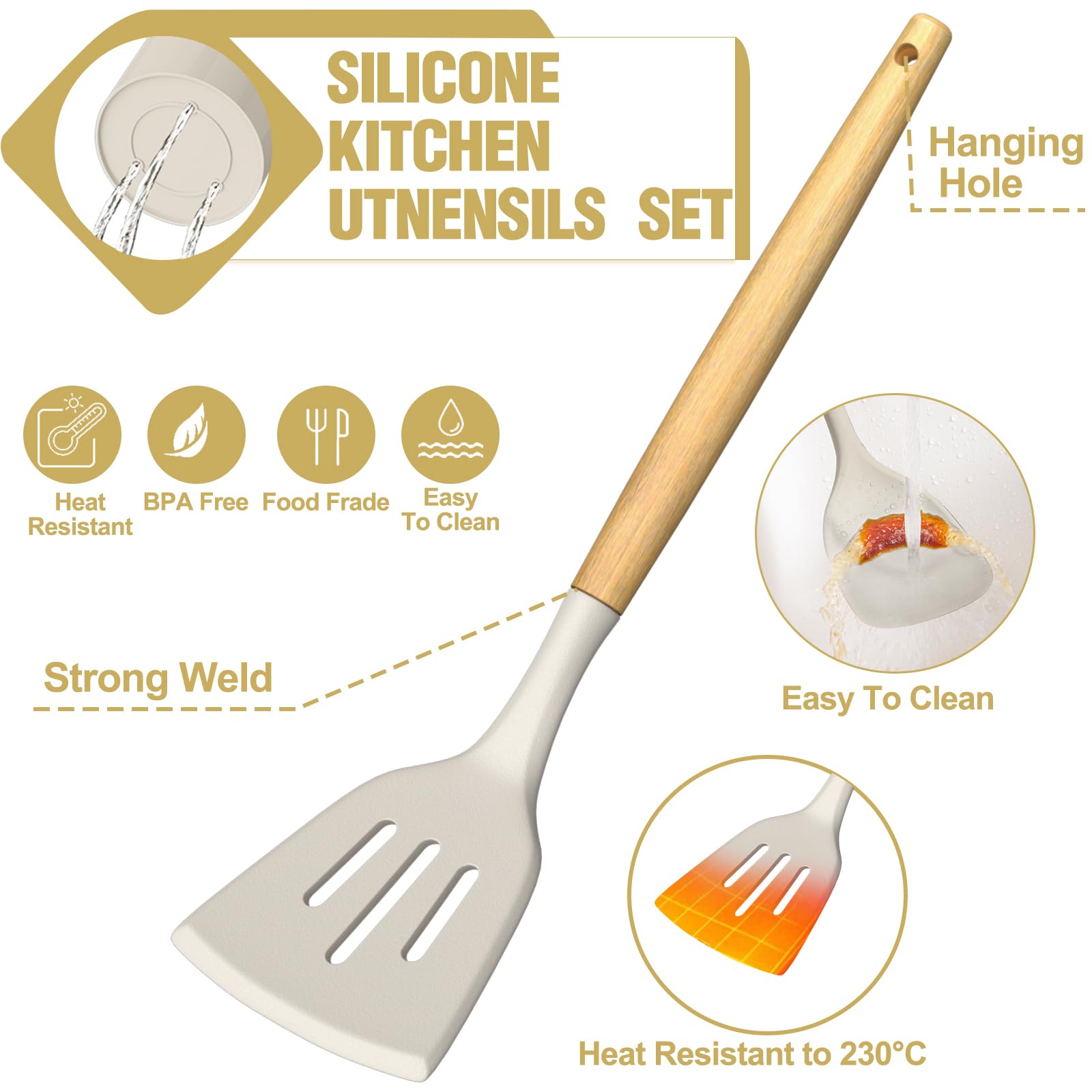 Terlulu Ensemble d'ustensiles de cuisine, 34 pièces en silicone avec manche en bois, ensemble d'ustensiles de cuisine résistant à la chaleur, pinces, spatules et cuillères pour ustensiles de cuisine