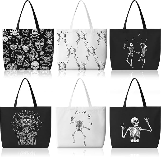 Bencailor 6 Pcs Halloween Canvas Tote Bags Reusable Gothic Skull Gift Bags