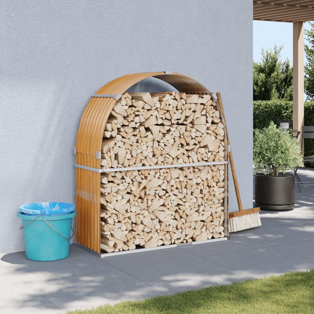 Mangloder Kaminholzunterstand in Holzoptik aus verzinktem Stahl 120 x 45 x 140 cm, Brennholz Regal für Outdoor und Indoor, mit 2 Haken, Lagerung für Kamin und Ofen