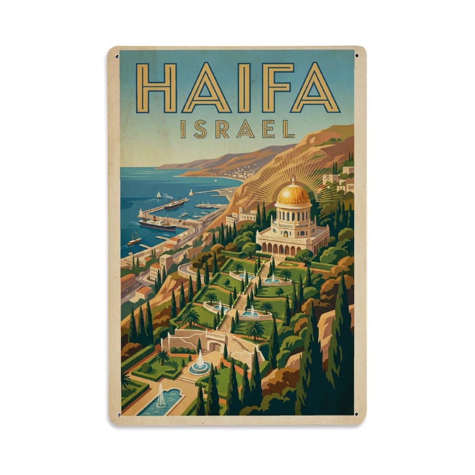 Metal Tin Sign Israel Haifa Vintage Travel