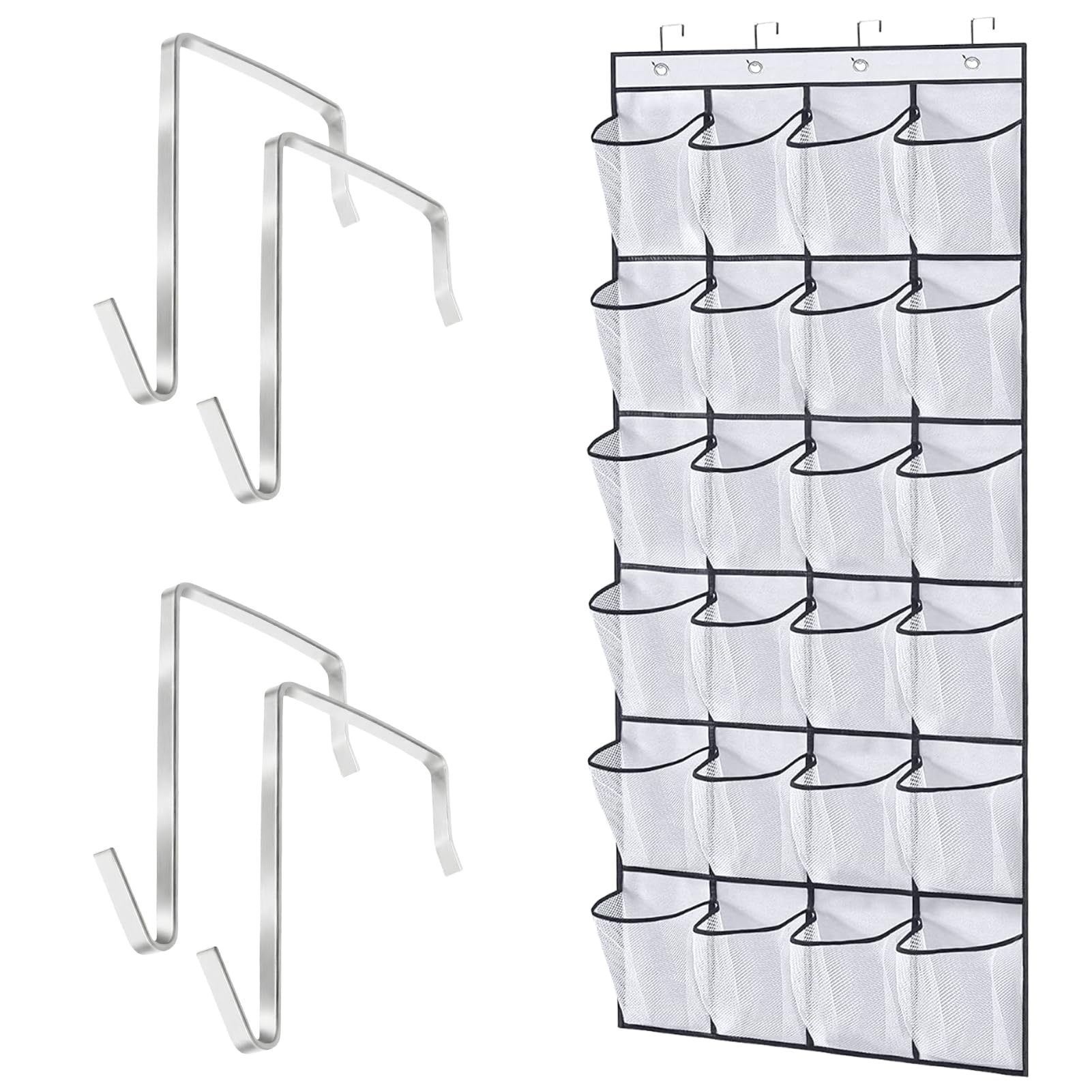 Peaflew Over the Door Shoe Storage, Hanging Shoe Rack with 24 Large Mesh Pockets & 4 Hooks, Shoe Hanging Storage for Shoes and Small Items, Shoe Hanger for Bedroom Bathroom Wardrobe