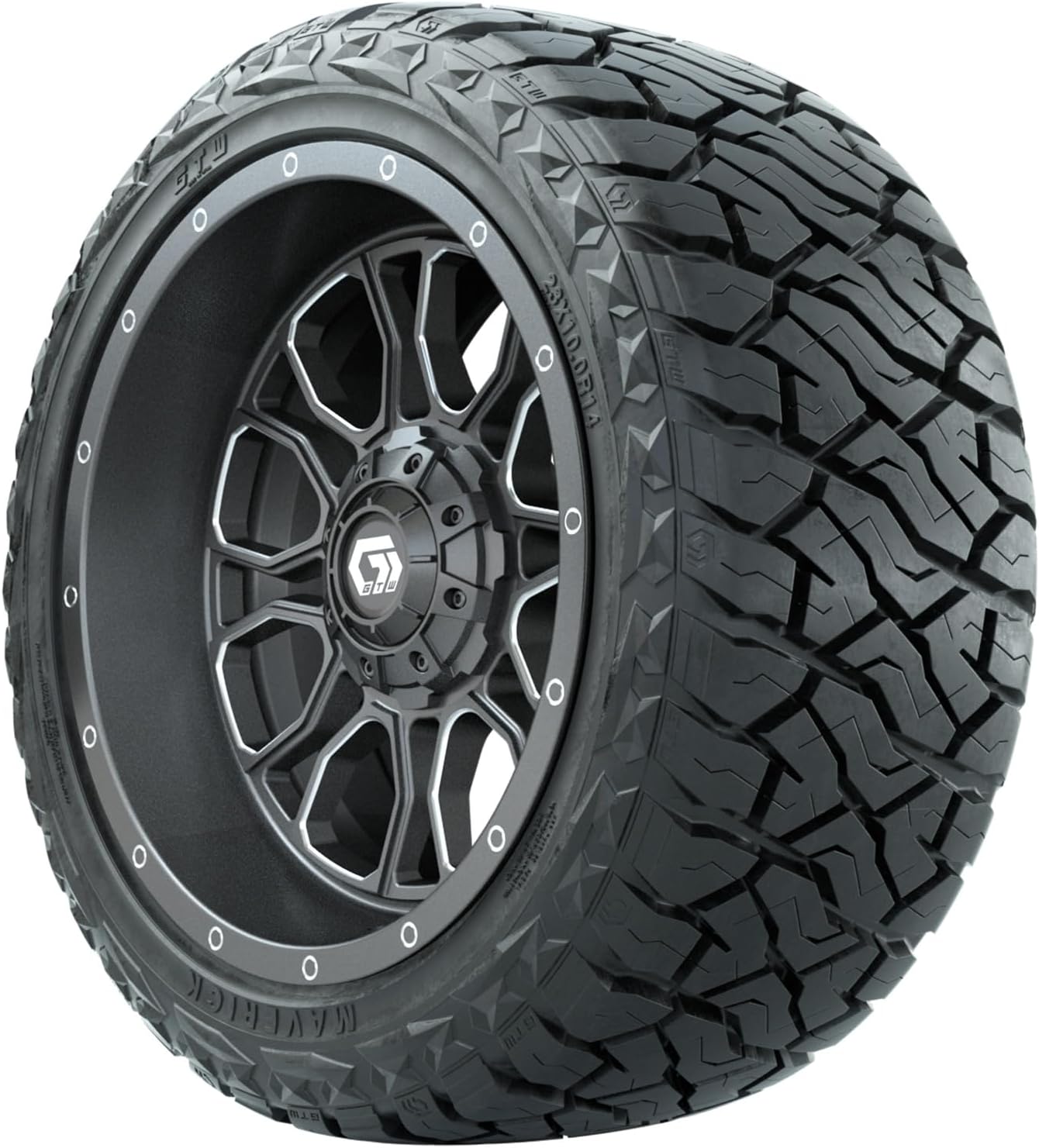 GTW 14 inch Golf Cart Wheels and Radial Tire Combo | GTW Volt Gunmetal Wheels on 23x10.00-R14 Maverick Steel Belted Radial All-Terrain Tires | Set of 4