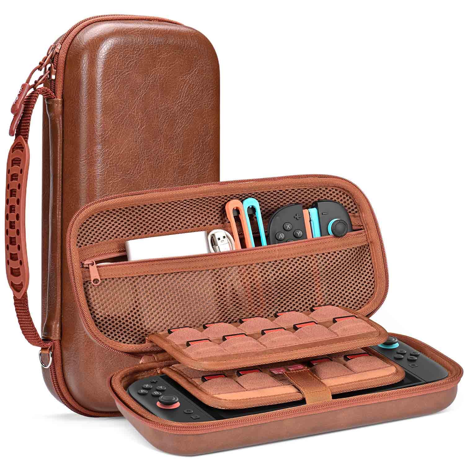 Younik Pochette Switch 2, Coque Rigide et Similicuir PU Étui Switch 2 avec 19 Emplacements pour Cartes de jeu et 2 Emplacements pour Cartes SD, Poche Filet Zippé (Marron)