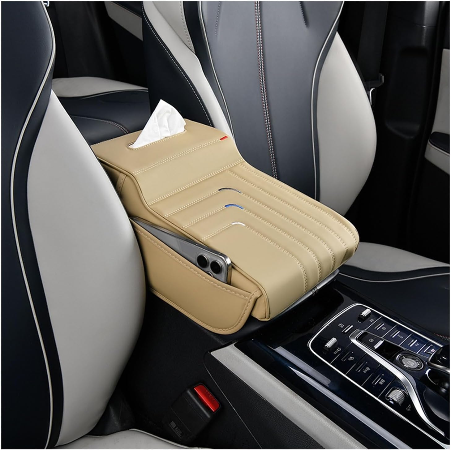 ELNas Car Center Console Armrest Pillow for Suzuki Swift Dzire Splash Baleno Liana Ertiga, Auto Center Console Pad Leather Arm Rest Protector Cushion,Beige