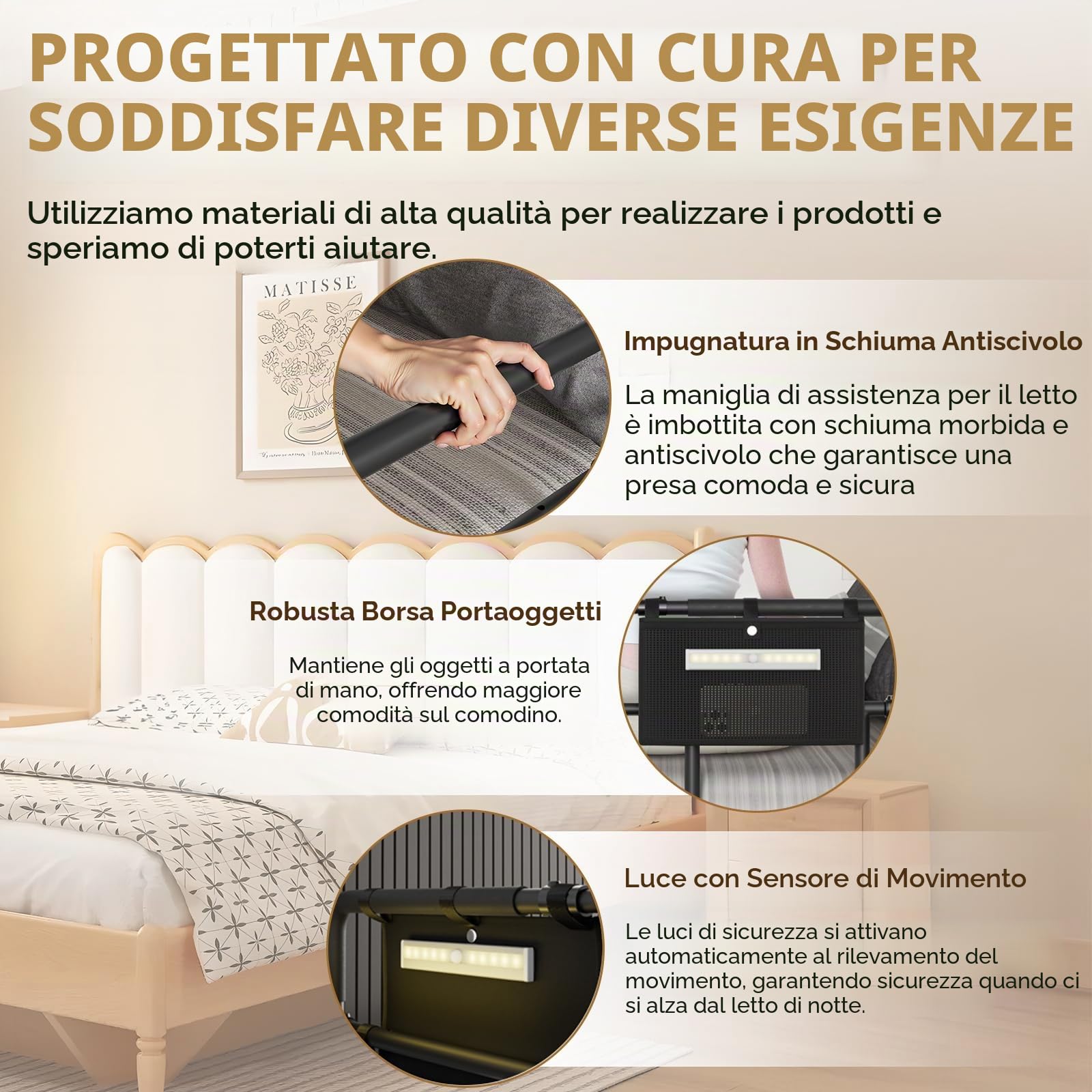 Sponda Letto Anziani, Regolabile in Sbarra letto Anziani Con funzione pieghevole e borsa portaoggetti Adatto a Varie, Sponde Singolo Matrimoniale Supporto per alzarsi dal letto