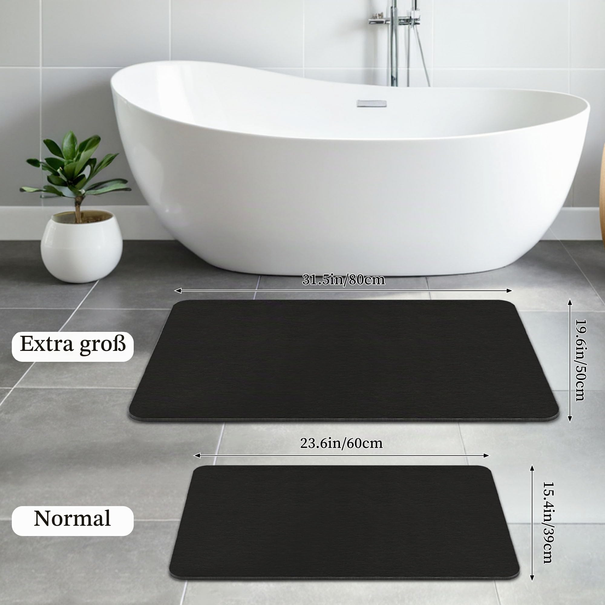 THMINS XXL Stein-Badematte aus Kieselgur für Dusche, 80 x 50 cm, Schwarz | Stark saugfähig, schnelltrocknend, rutschfeste Unterlage, pflegeleicht, für Dusche und Badezimmer