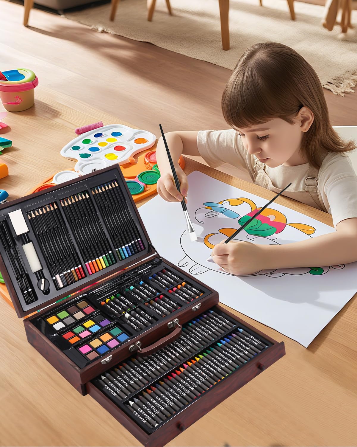 Malette Dessin, 140 Pièces Kit Dessin Enfant Adultes, Sets de Dessin, Mallette de Coloriage, Crayons de Couleur, Aquarelle, Pastels,Brun