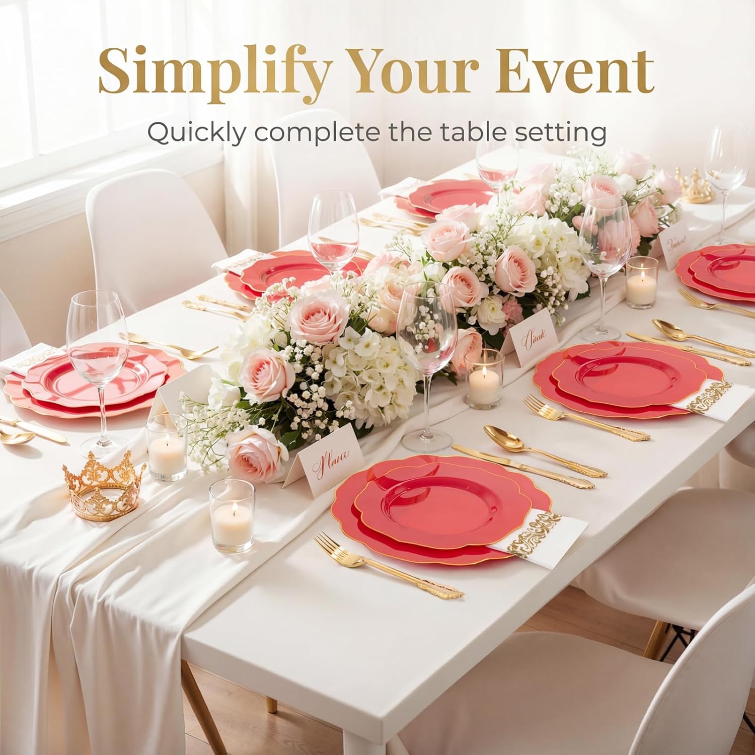 NOCCUR 175PCS Red Plastic Plates with Gold Disposable Silverware - Include 50 Red Gold Plastic Plates,25 Knives,25 Forks,25 Spoons,25 Cups and 25 Napkins - Ideal for Party/Valentines & Galentines Day