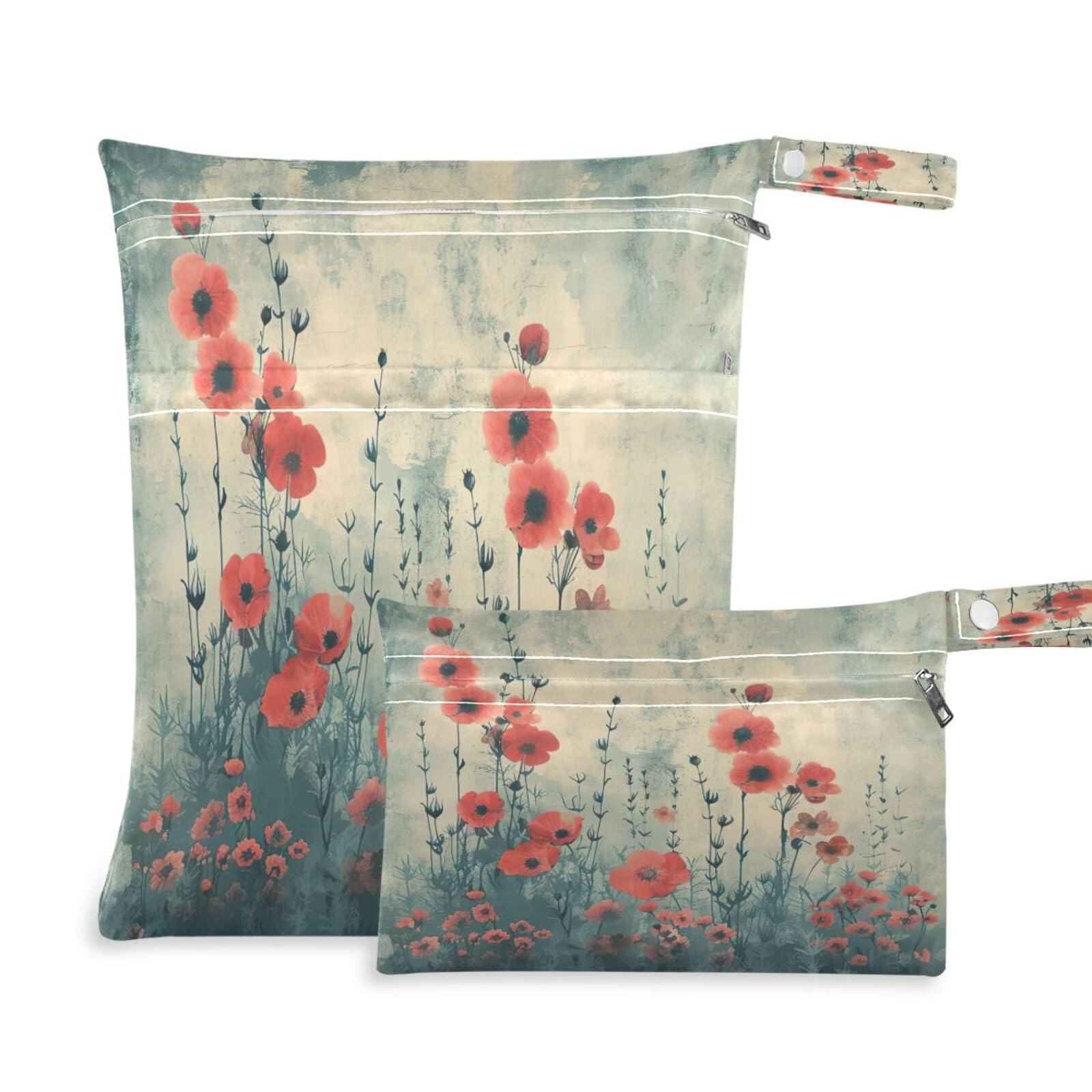 ATTX Watercolor Wildflowers Wet Dry Bags 2-Pack - Reusable Cloth Diaper Storage for Travel, Beach & Gym | Multi-Use Waterproof Bags for Swimsuits, Baby Clothes, Sports Gear#439