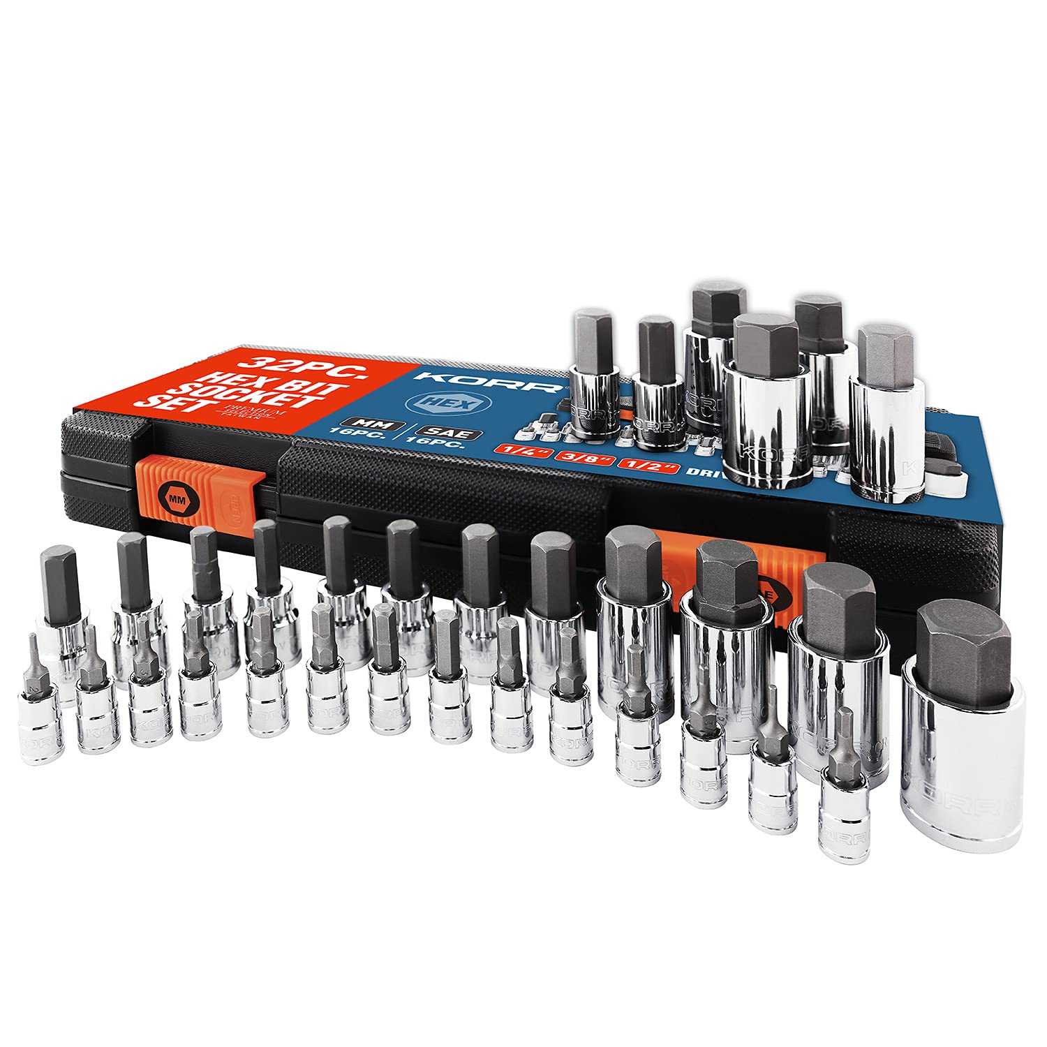 KORR Tools KSS005 - Juego de 32 boquillas hexagonales maestras | SAE y métricas | Entrenamiento 1/4", 3/8" y 1/2"