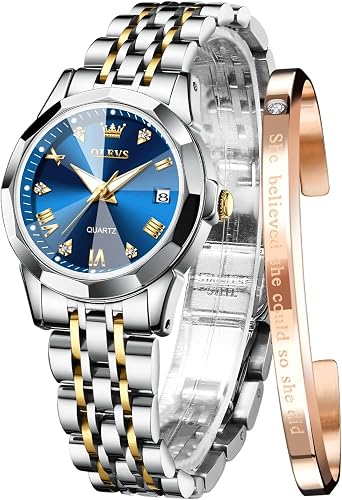 OLEVS Watches for Women Diamond Roman Numerals Easy Read Ladies Watches Silver Dress Day Analogue Two Tone Stainless Steel Designer Waterproof Female Wrist Watch