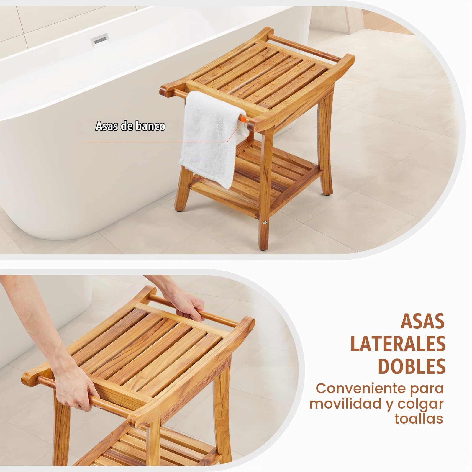 VEVOR Banco de Ducha de Teca de Madera Resistente al Agua con Estante de Almacenamiento, Asa y Patas Antideslizantes, Carga Máxima de 136,1 kg, para Uso en Interiores y Exteriores 560 x 365 x 470 mm