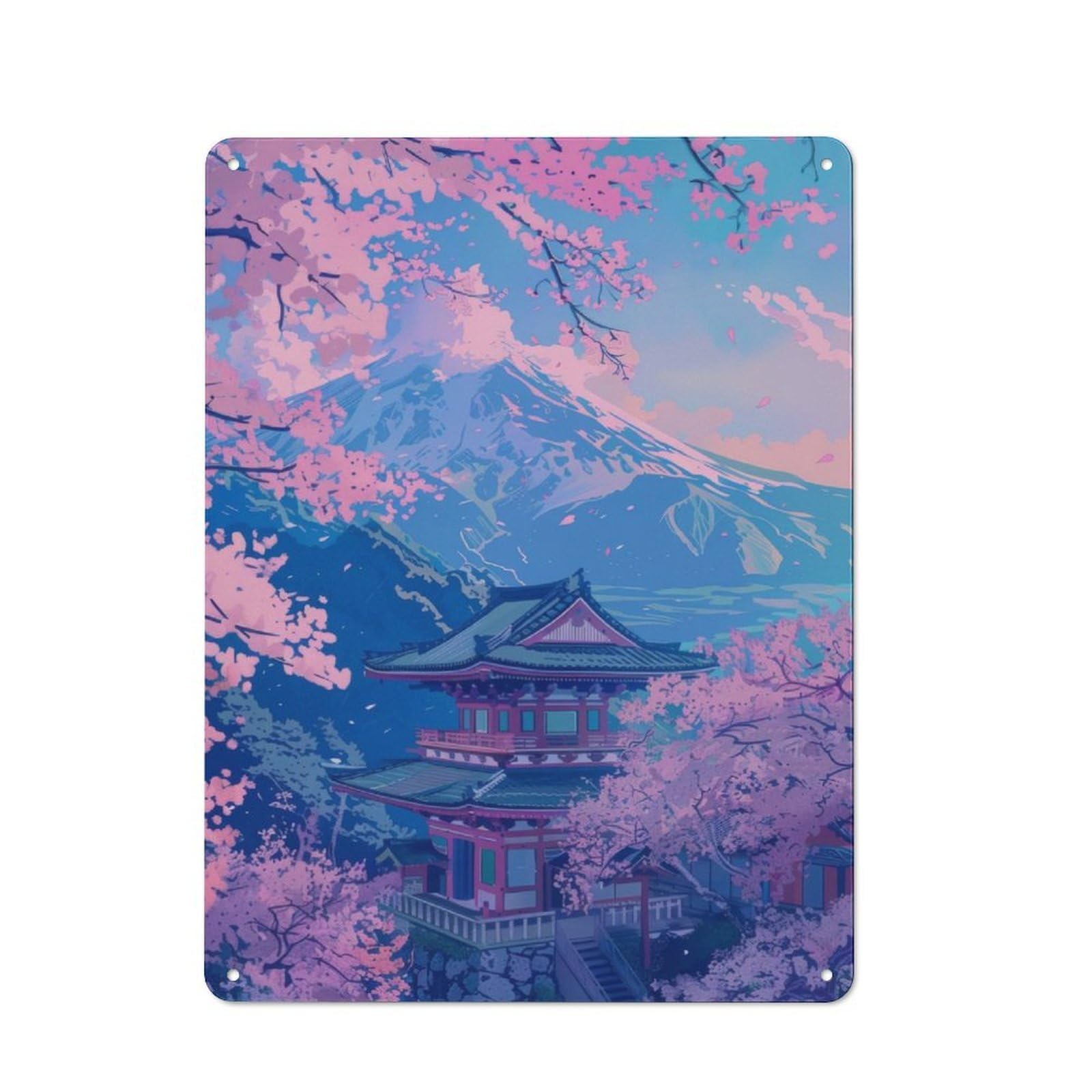 Junmoney Sakura Mountain Painting Vintage Tin Sign 40X30cm For Garden Room Or Summerhouse, For A Newly Organised Room And Metal Sign Display