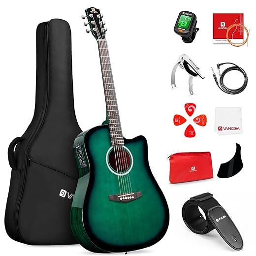 Vangoa Acoustic Electric Guitar Bundle for Beginner Teen Adult Full Size Cutaway Acoustic Guitar Starter Kit Set with Built-in Pickups Bag Tuner Strap Capo Picks Cable, Glossy Green