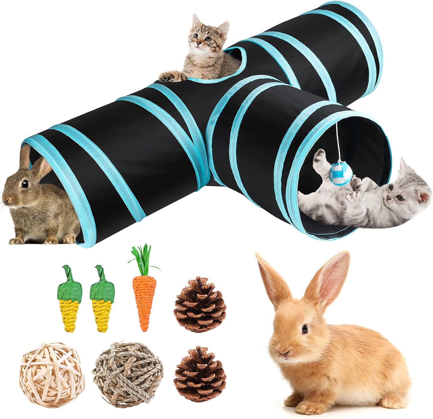Tiibot Bunny Tunnels Collapsible 3 Way Bunny Hideout Tunnels & Tubes Guinea Pig Tunnel, with 7 Pieces Pets Chew Toys Small Tunnel…