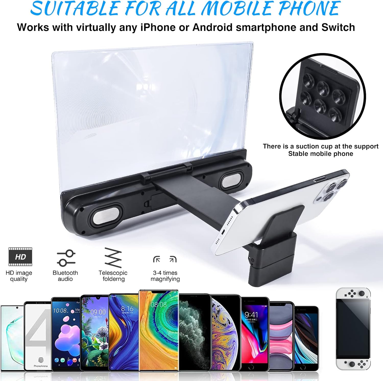 14 inch Phone Screen Magnifier with Bluetooth Speaker,Mobile Phone Screen Amplifier with 2-in-1 Foldable Stretch Stand Holder Portable 3D Screen Magnifying Glass for All Smartphones(Black)