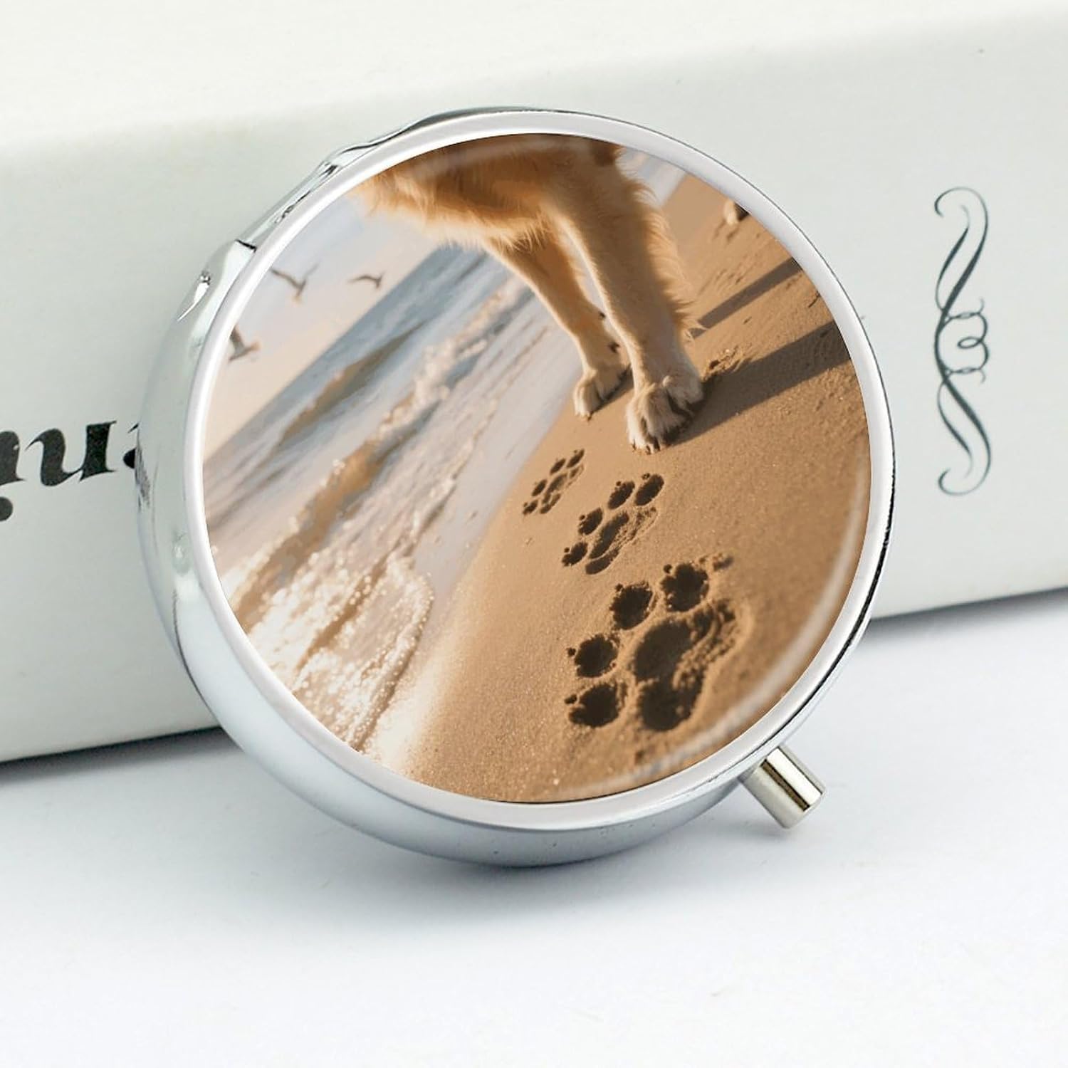 Round Daily Dog Paw Pill Case with 3 Compartment & Mirror image 4
