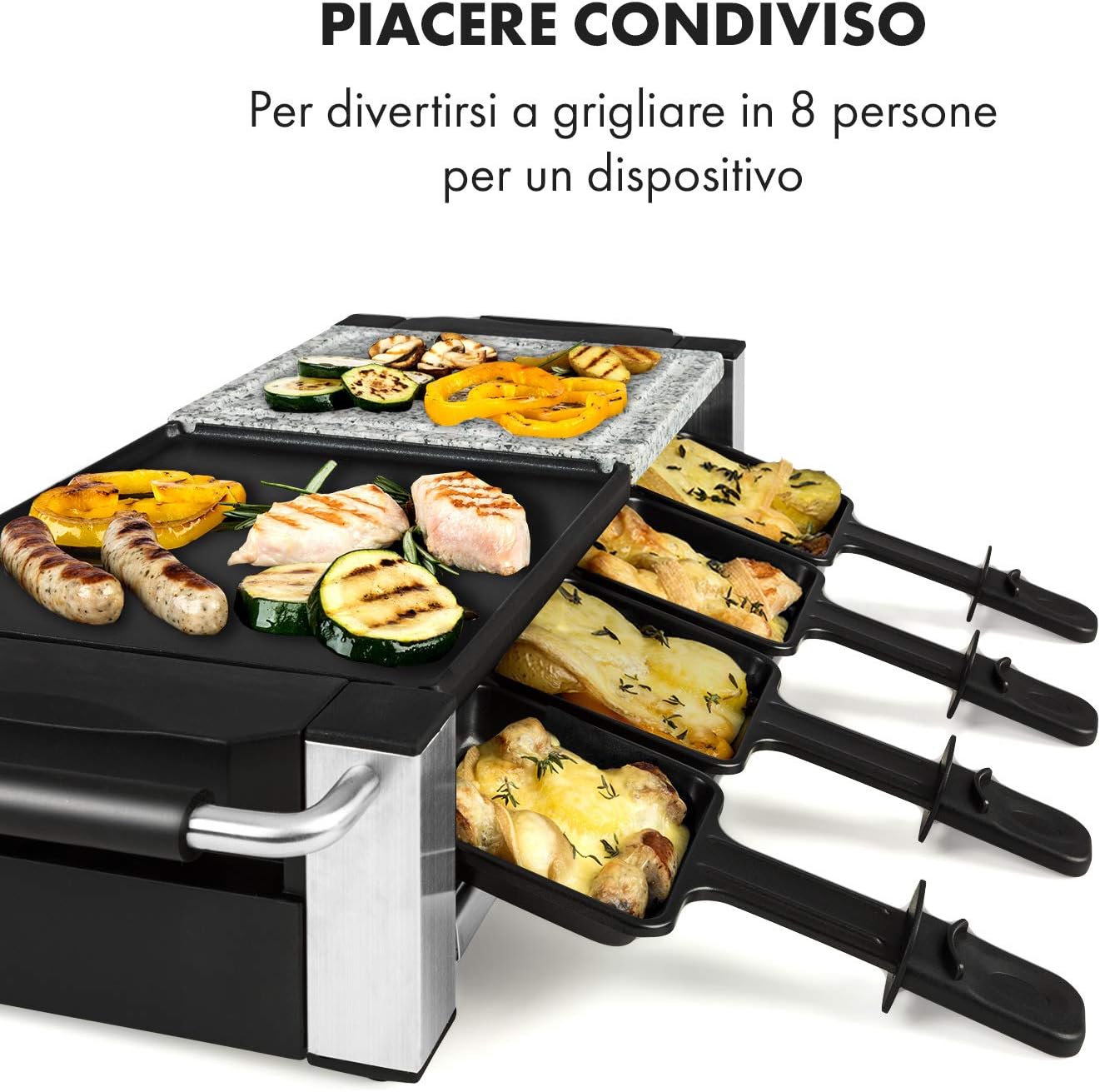 Klarstein Bistecca - Griglia per Raclette, 1200W, 2in1: Piastra in Metallo Antiaderente Piastra in Pietra, Elemento Riscaldante in Acciaio Inox, Termostato Regolabile, per 8 Persone, Argento Klarstein Bistecca - Griglia per Raclette, 1200W, 2in1: Piastra in Metallo Antiaderente Piastra in Pietra, Elemento Riscaldante in Acciaio Inox, Termostato Regolabile, per 8 Persone, Argento